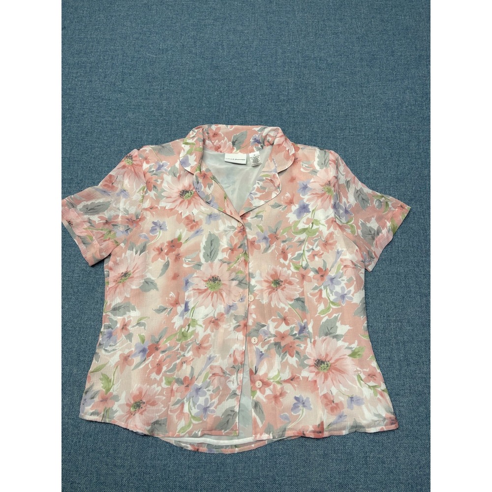 Alfred Dunner Floral Button Down Blouse Pink Chiffon Lined Short Sleeve Size 14